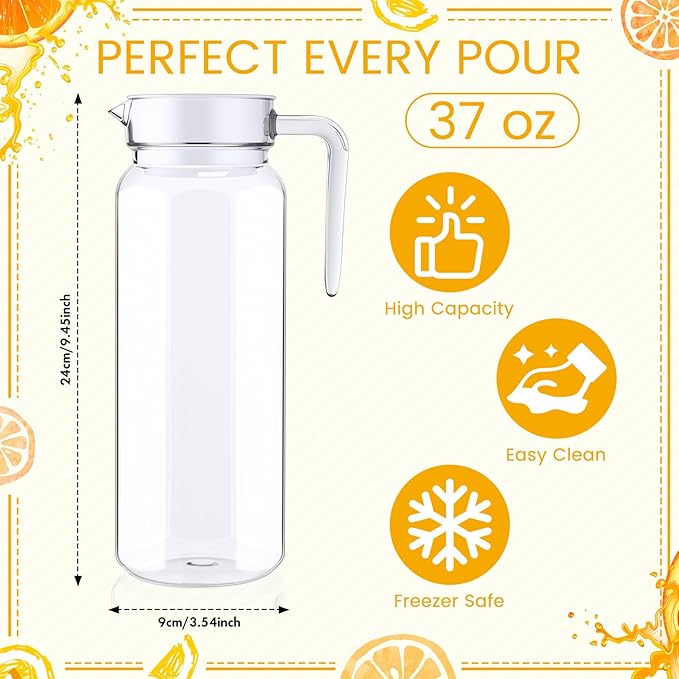 Didaey 4 Pcs Acrylic Water Pitcher with Lid, Spout Handle Clear Plastic Pitcher Heat Resistant Carafe Unbreakable Beverage Container Fridge Jug for Juice Ice Tea Sangria Lemonade (37 oz,Star Anise)