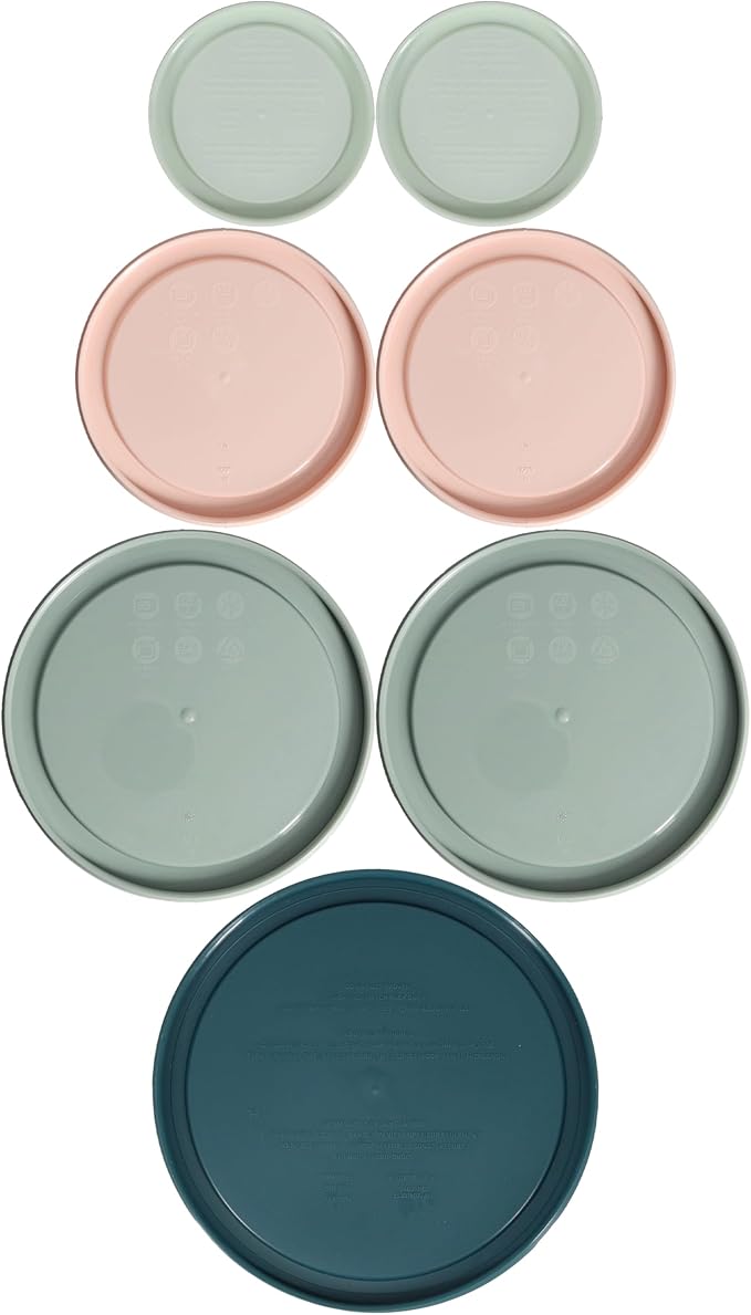 Pyrex (2) 7202-PC 1 Cup White Mint, (2) 7200-PC 2 Cup Rosewater Pink, (2) 7201-PC 4 Cup Tranquil Green, (1) 7402-PC 6/7 Cup Tarragon Green Food Storage Replacement Lids – Made in the USA - Image 2