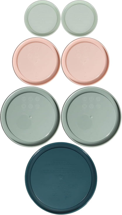 Pyrex (2) 7202-PC 1 Cup White Mint, (2) 7200-PC 2 Cup Rosewater Pink, (2) 7201-PC 4 Cup Tranquil Green, (1) 7402-PC 6/7 Cup Tarragon Green Food Storage Replacement Lids – Made in the USA - Image 2