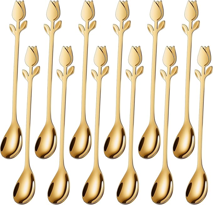 Gold Tulip/Rose Handle 12-Pcs Mini Coffee Spoons Set - 6" Stainless Steel for Espresso, Tea, Dessert - Ideal for Demitasse & Small Servings by SGvrPvz