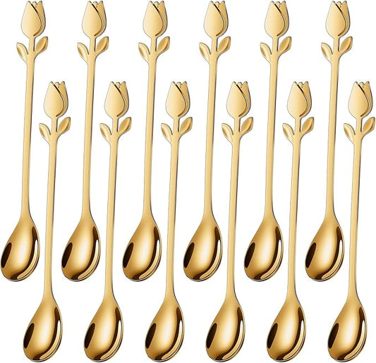 Gold Tulip/Rose Handle 12-Pcs Mini Coffee Spoons Set - 6" Stainless Steel for Espresso, Tea, Dessert - Ideal for Demitasse & Small Servings by SGvrPvz