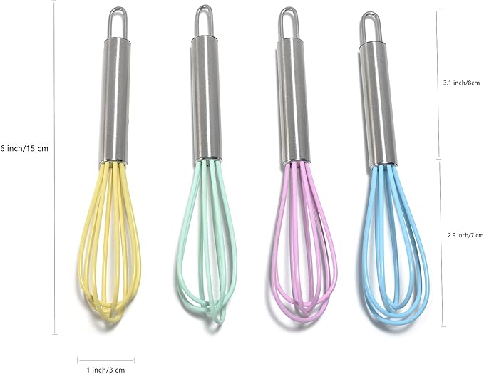 Mini Whisks 6 inch 4Pcs silica gel stainless steel Whisk, Hand Egg Mixer for Flour Cake Egg, Kitchen Cooking Baking Use Whisk （purple，yellow，cyan，blue） - Image 4