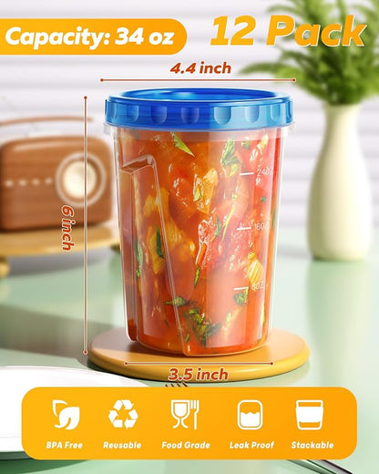 BiuLeon 12 Pack-34 oz Freezer Storage Containers, Plastic Food Storage Containers with Twist Top Lids, BPA Free and Reusable Soup Containers with Lids, Leakproof/Microwave/Dishwasher Safe - Image 2