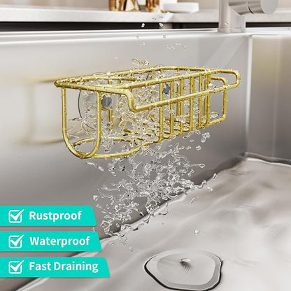 HapiRm Sponge Holder for Kitchen Sink, No Drill Kitchen Sink Caddy Organizer, Rustproof Dish Sponge Holder- Gold(8.73 * 3.54 * 2.36in) - Image 3