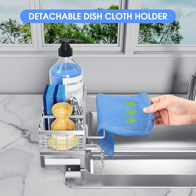 Kitchen Sink Sponge Holder - Self-Draining, Detachable Dish Cloth Holder, Rustproof Kitchen Countertop Organizer (Stainless Steel) - Image 6