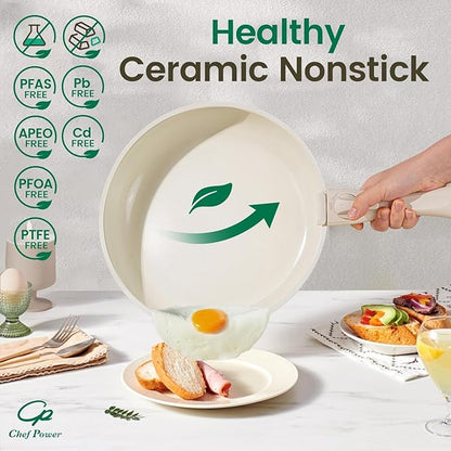 Chef Power Ceramic Cookware Set Non Toxic with Detachable Handles, Healthy Nonstick Pans and Pots Set 19 Pcs, Induction Dishwasher Oven Safe Kitchen Set, PFAS PFOA & PTFE Free, Cream White - Image 4