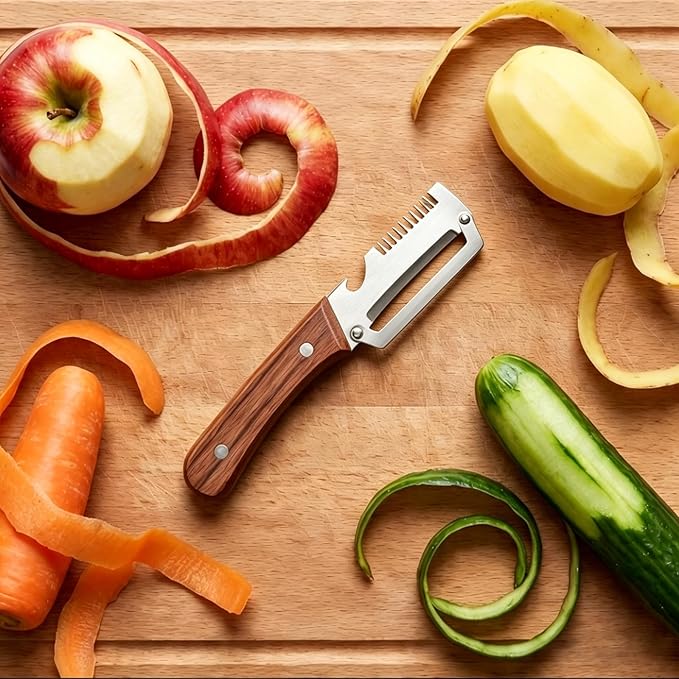 2PCS Multi-Functional Vegetable Peeler for Kitchen with Wooden Handle and Bottle Opener, 3 in 1 Stainless Steel Green Onion Slicer Kitchen Gadgets Tool for Fruit Veggie Potato Pumpkin Apple Carrot - Image 2