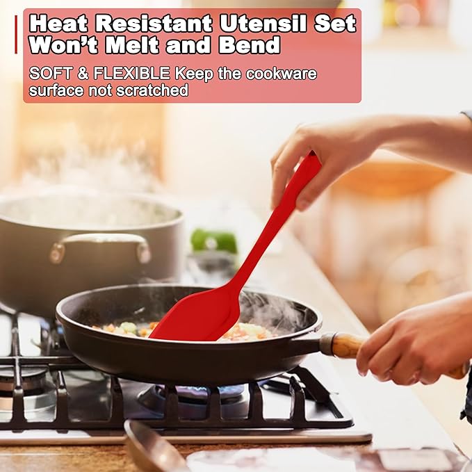 E-far Silicone Cooking Utensils Set, 24Pcs Heat Resistant Kitchen Utensil with Holder, Silicone Kitchen Tools with Spatula Turner Spoon Tongs Whisk, Non-Toxic & Dishwasher Safe (Red) - Image 5