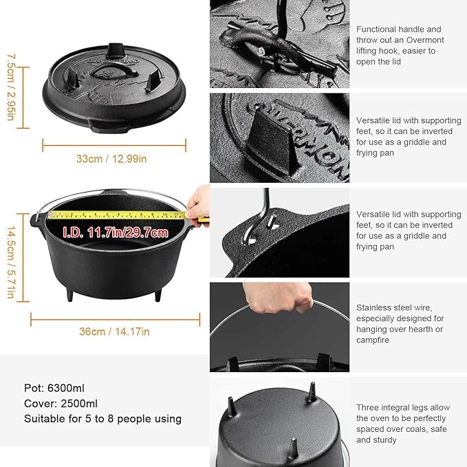 Overmont Camp Dutch Oven Pre Seasoned Cast Iron Lid Also a Skillet Casserole Pot with Lid Lifter for Camping Cooking BBQ Baking 9QT(Pot+Lid) - Image 3