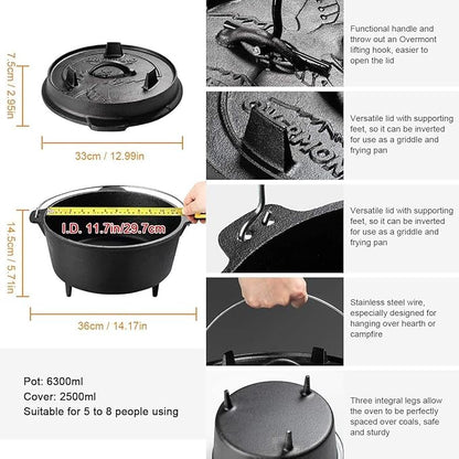 Overmont Camp Dutch Oven Pre Seasoned Cast Iron Lid Also a Skillet Casserole Pot with Lid Lifter for Camping Cooking BBQ Baking 9QT(Pot+Lid) - Image 3