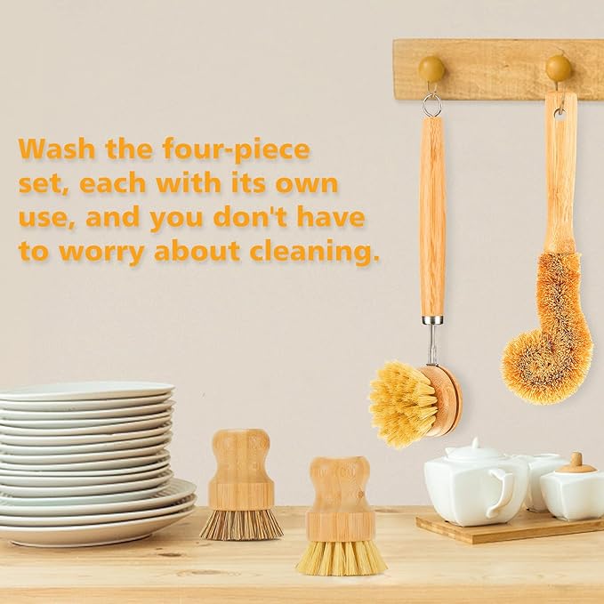 SAMEBUTECO Bamboo Dish Brushes Sets 4 Tools in One Kitchen Clean Dish Scrubber for Pots Pans Bottles with Natural Bristles (Bamboo Brushes Sets) - Image 5