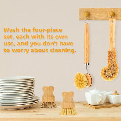 SAMEBUTECO Bamboo Dish Brushes Sets 4 Tools in One Kitchen Clean Dish Scrubber for Pots Pans Bottles with Natural Bristles (Bamboo Brushes Sets) - Image 5