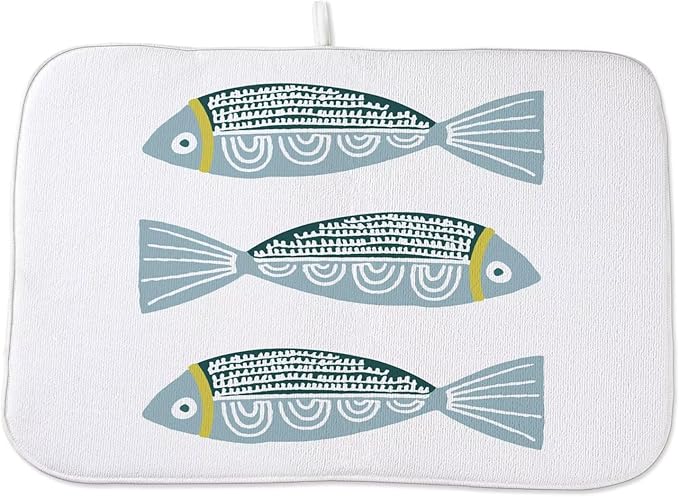 Coastal Dish Drying Mat 18 x 24 inch Beach Blue Fish Print Decorative Drying Mats Microfiber Absorbent Ocean Dish Washable Draining Mat for Kitchen Counter Decor