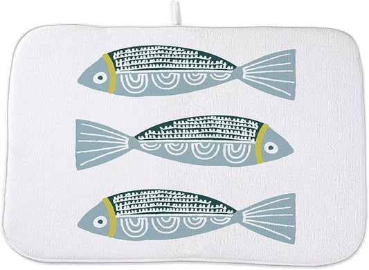 Coastal Dish Drying Mat 18 x 24 inch Beach Blue Fish Print Decorative Drying Mats Microfiber Absorbent Ocean Dish Washable Draining Mat for Kitchen Counter Decor