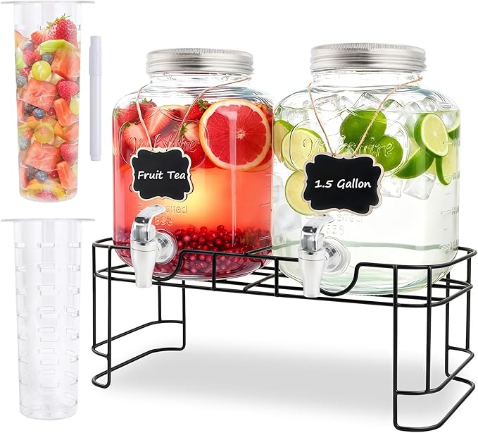 1.5 Gallon Glass Drink Dispensers For Parties-Set of 2,Drink Dispenser with Fruit Infuser & Stand,Juice or Beverage Dispenser for BBQ, Picnic, Party,Water Dispenser Laundry Detergent Dispenser by MRKIANGCI