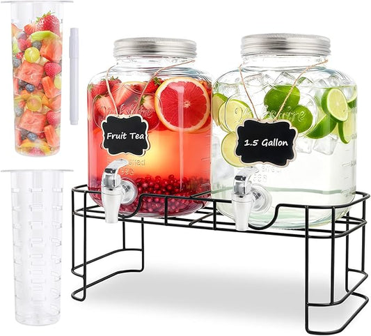 1.5 Gallon Glass Drink Dispensers For Parties-Set of 2,Drink Dispenser with Fruit Infuser & Stand,Juice or Beverage Dispenser for BBQ, Picnic, Party,Water Dispenser Laundry Detergent Dispenser by MRKIANGCI