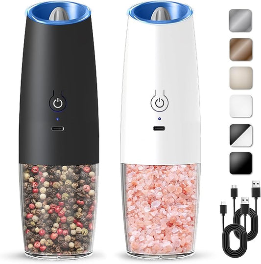 Rechargeable Electric Salt And Pepper Grinder Set, Automatic Gravity Electric Salt And Pepper Grinder Set, Adjustable Roughness, Led Light, 2 Pack, (Black+White) by KIARYUOLL