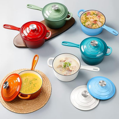 Enameled Cast Iron Sauce Pan with Lid, Leonyo 1 Quart Saucepan with Lid, Small Enamel Cast Iron Dutch Oven Kitchen Cookware for All Cooktops Cooking Soup, Milk - Up to 500°F & 4.4Lbs, Lake Blue