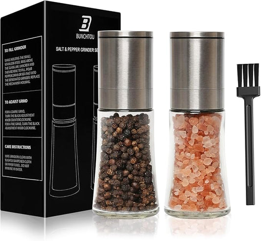 Salt and Pepper Grinder Set of 2 - Adjustable Sea Salt Grinder, Pepper Mill Grinder, Salt and Pepper Shakers - Small Salt and Pepper Grinder Set with Stainless Steel Cap and Glass Container by Bunchtou