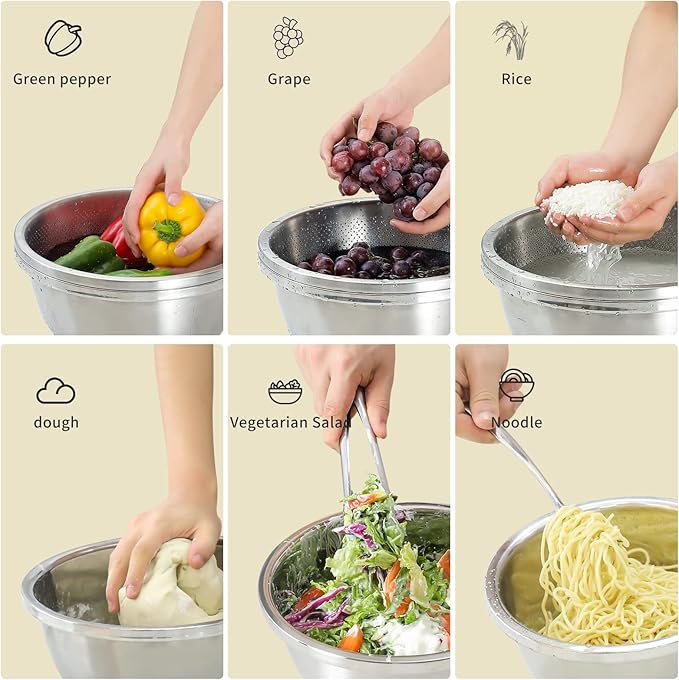 304 Stainless Steel Microporous Colander, 4.5QT Large Capacity with Mixing Bowl For washing vegetables, fruit and rice and for draining cooked pasta(2PC) - Image 4