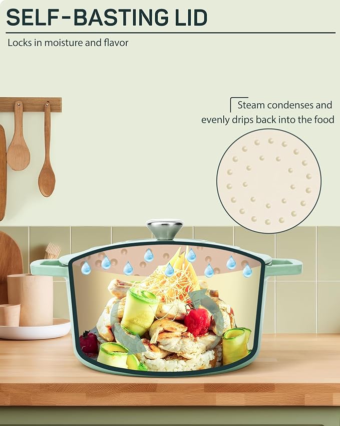 Ciwete Enameled Cast Iron Dutch Oven – 4.4 Quart Pot with Lid & Potholders – Heavy-Duty Cookware for Bread Baking, Braising, Stews & Roasting – Oven & Stovetop Safe up to 500°F – Mint Green