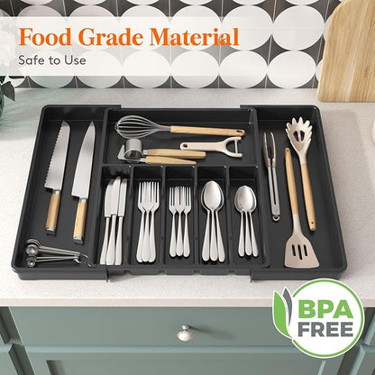 Lifewit Silverware Drawer Organizer, Expandable Utensil Tray for Kitchen, BPA Free Flatware and Cutlery Holder, Adjustable Plastic Storage for Spoons Forks Knives, 15- 27 x 18.5", Black - Image 8