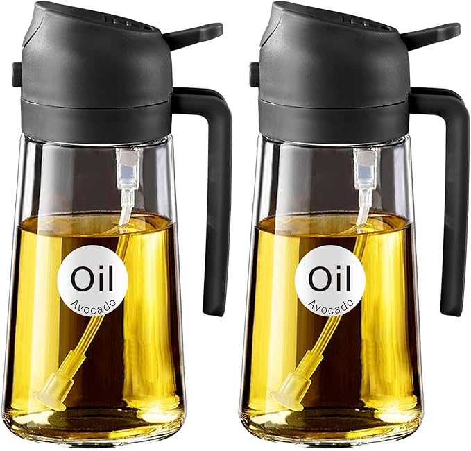 YARRAMATE 2Pcs 16oz/470ml Olive Oil Dispenser, Food-grade 2 in 1 Oil Glass Sprayer for Cooking, Kitchen, Air Fryer, Salad, Frying, BBQ (Black) by YARRAMATE