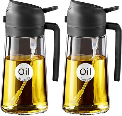 YARRAMATE 2Pcs 16oz/470ml Olive Oil Dispenser, Food-grade 2 in 1 Oil Glass Sprayer for Cooking, Kitchen, Air Fryer, Salad, Frying, BBQ (Black) by YARRAMATE