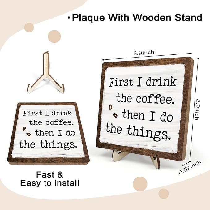 Vintage Coffee Bar Sign Plaque - First I Drink The ...Farmhouse Wooden Sign for Coffee Station Kitchen Office Desk or Bookshelf Decoration,Cafe Bar Signs Decor 5.9x5.9Inch - Image 2