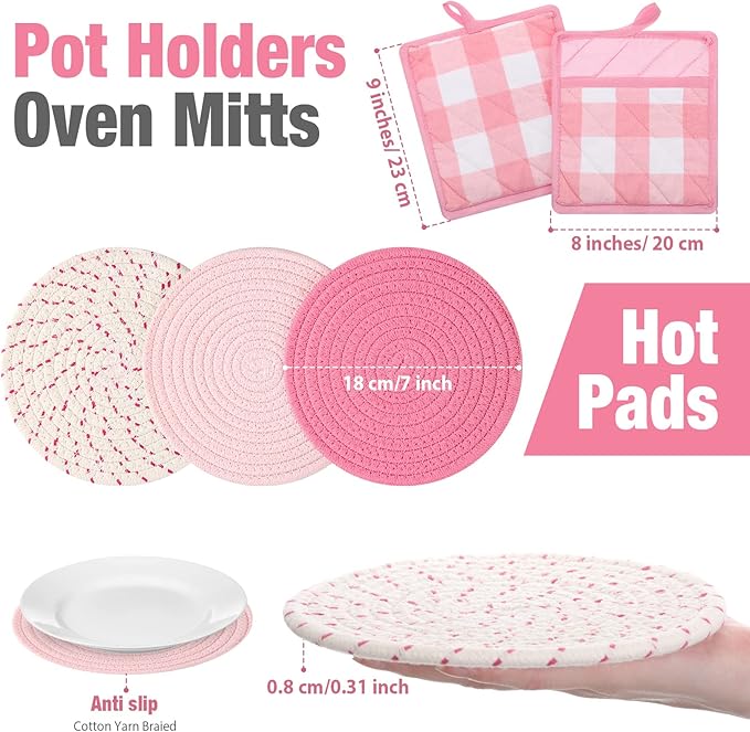 Sumind Pink Oven Mitts and Pot Holders 7 Sets, Heat Resistant Kitchen Gloves Pads Potholders for Mother Women Gifts Pot Holders Kitchen Accessories Gift(Pink White,Cotton,Plaid) - Image 3