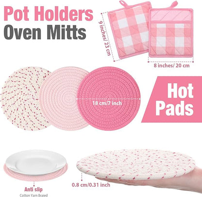 Sumind Pink Oven Mitts and Pot Holders 7 Sets, Heat Resistant Kitchen Gloves Pads Potholders for Mother Women Gifts Pot Holders Kitchen Accessories Gift(Pink White,Cotton,Plaid) - Image 3