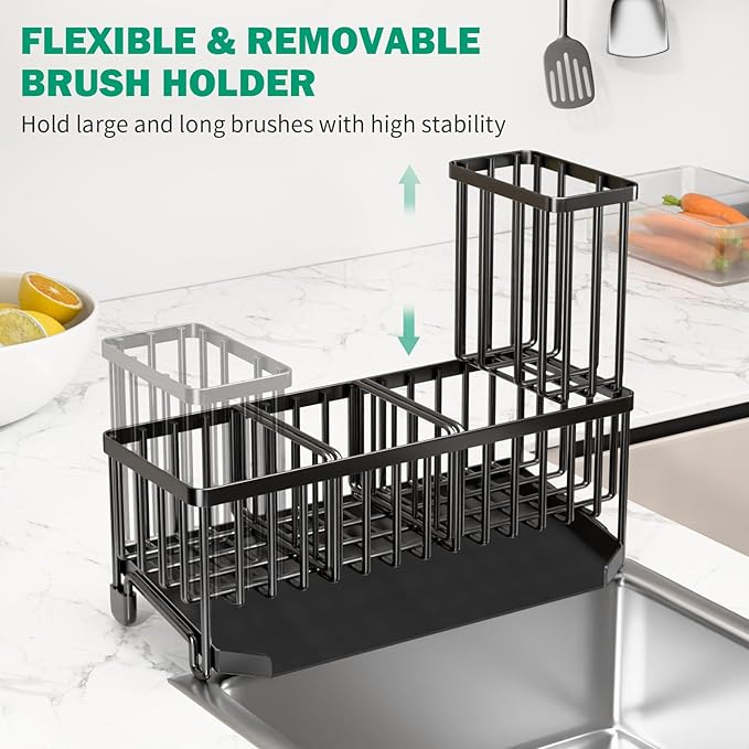 TomCare Extra Large 11'' Sink Caddy With Drain Tray Non-slip Kitchen Sink Organizer With 2 Adjustable Dividers High Brush Holder Rustproof Sponge Holder Kitchen Storage Accessories for Counter - Image 5