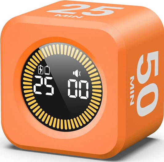 KADAMS Timer Pomodoro Visual - Productivity Pomodoro Cube, 5/10/25/50 Min Countdown & Countup, Silent – Ideal for Work Study Cook Workout Kitchen School Classroom Office ADHD Gift Kids (1, Orange)