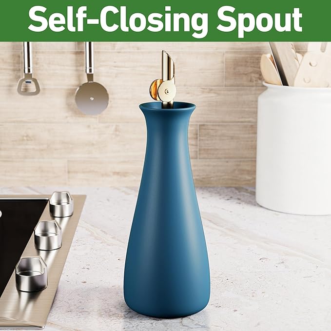 Ceramic Olive Oil Dispenser with Self-Closing Gold Spout - 530 ML Capacity Matte Blue Ceramic Oil Dispenser for Kitchen - Leak Proof EVOO Dispensing Bottle - Stylish, Ergonomic, Durable, Easy Pour - Image 3