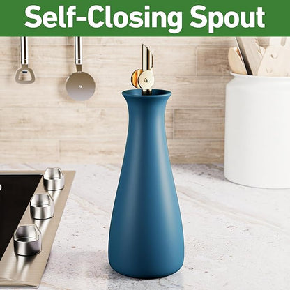 Ceramic Olive Oil Dispenser with Self-Closing Gold Spout - 530 ML Capacity Matte Blue Ceramic Oil Dispenser for Kitchen - Leak Proof EVOO Dispensing Bottle - Stylish, Ergonomic, Durable, Easy Pour - Image 3