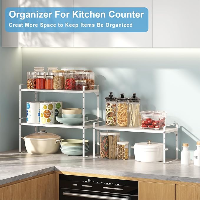 15.5 to 25.5 Inch Kitchen Cabinet Shelf Organizers, Adjustable Kitchen Counter Shelf Organizer, Set of 3 Expandable Countertop Storage Shelves, Stackable Design, 30LBS Heavy Duty, Space Saver - Image 6