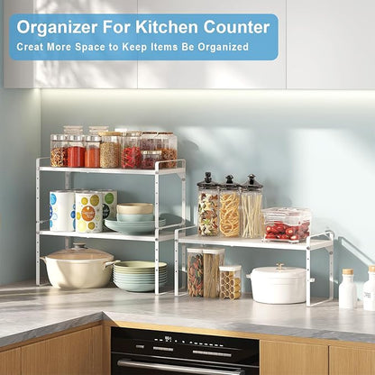 Set of 2 Expandable Cabinet Shelf Organizer, Stackable Kitchen Countertop Shelves Spice Racks, Small Storage Shelf For Cupboard Counter Tabletop, 30 LBS Heavy Duty, Adjustable, 13.8" to 21.6" Long - Image 7