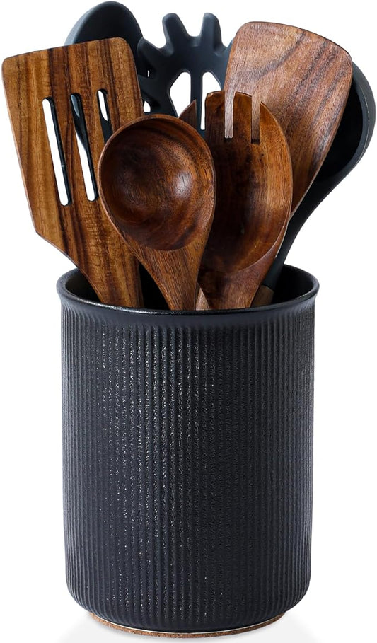 LoeJan Utensil Holder, Extra Large Utensil Crock, Stable Ceramic Utensil Organizer, Cooking Tool Organizer Set for Kitchen Counter Farmhouse Décor, Textured Black by LoeJan