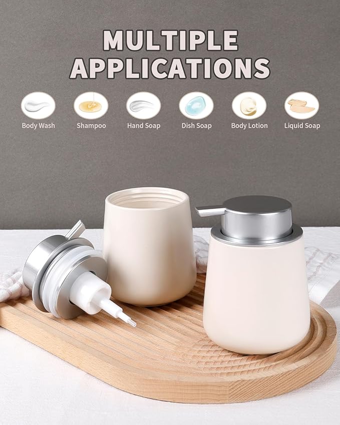 Bosilunlife Ceramic Foaming Soap Dispenser - 12Oz Bathroom Countertop Kitchen Dish Soap Pump Dispenser Foam Soap Dispenser - Beige with Silver