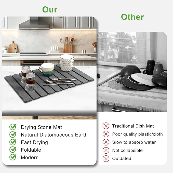 Stone Drying Mat for Kitchen Counter,24"x16" Large Dish Drying Mat,Stone Bath Mat,Quick Drying Fast Absorbent Diatomaceous Drying Matt Kitchen Counter for Dishes Bottles Cups Bathroom Any Countertop - Image 5