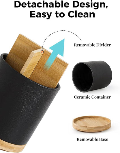 LoeJan 3 Compartment Utensil Holder, Extra Large Utensil Crock, Stable Ceramic Utensil Organizer, Cooking Tool Organizer Set for Kitchen Counter Farmhouse Decor,Textured Black - Image 4