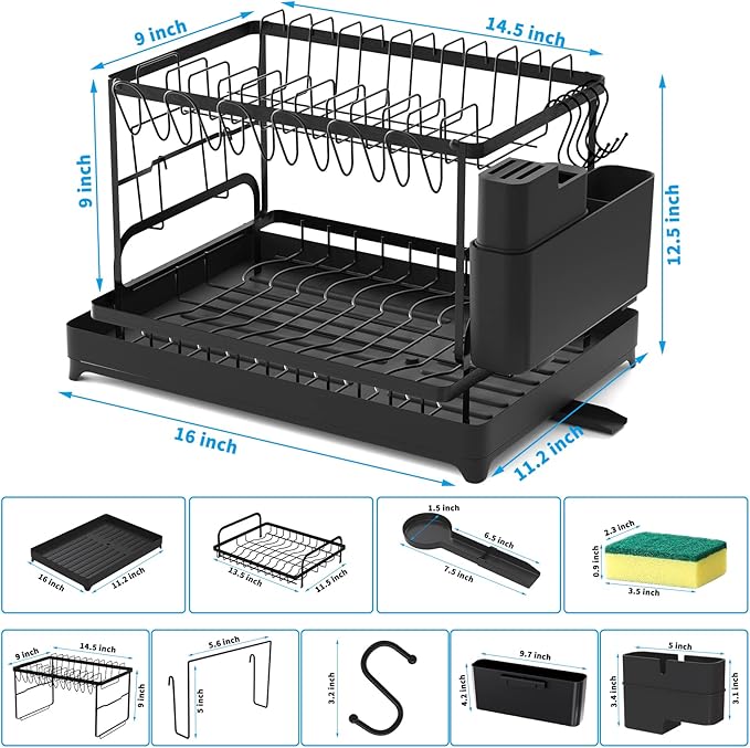XLMYS Dish Drying Rack, 2 Tier Large Dish Drying Rack for Kitchen Counter with Drainboard Stainless Steel Dish Drainer for Dish/Knifes/Cup/Cutting Board, Black - Image 6