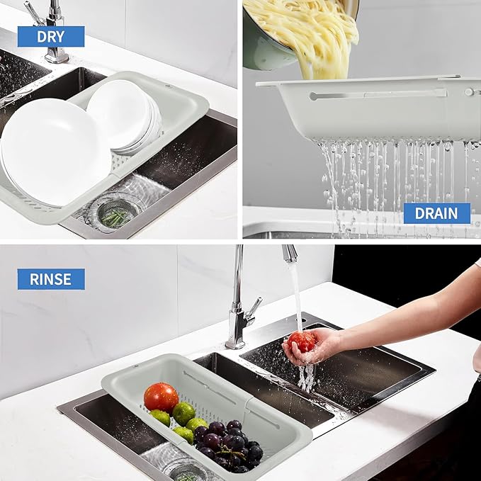 LASSHSWA Collapsible Colander for Kitchen, Over the Sink Strainer Basket for Kitchen, Fruit Pasta Food Strainer Expandable Plastic Colander BPA Free (Light Gray) - Image 3