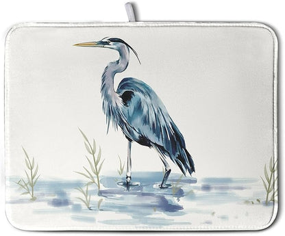 Summer Dish Drying Mat Blue White Heron Beach Absorbent Microfiber Drying Mats for Kitchen Counter Coastal Nautical Birds Dishes Drainer Mat Extra Large 18x24 Inch by Kwlegh