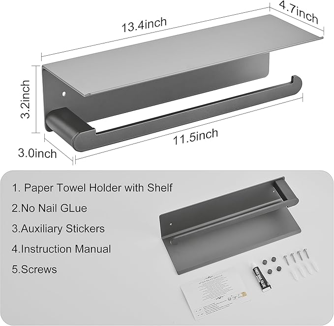 DUFU Paper Towel Holder with Shelf for Kitchen, Paper Towel Holder Wall Mount for Bathroom, Self-Adhesive Anti-Rust Aluminum, No Drill or Wall-Mounted with Screws (Grey)