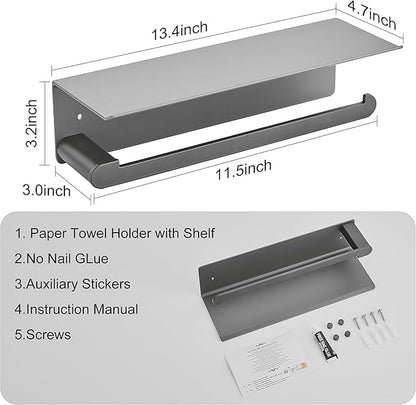 DUFU Paper Towel Holder with Shelf for Kitchen, Paper Towel Holder Wall Mount for Bathroom, Self-Adhesive Anti-Rust Aluminum, No Drill or Wall-Mounted with Screws (Grey)