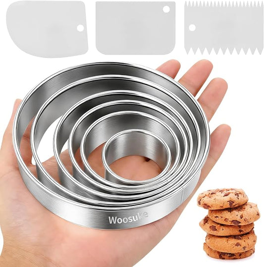 9Pcs Round Cookie Cutter Set - Stainless Steel Biscuit Cutters(2,3,3.5,4,5,6Inch) with 3 Firm Plastic Dough Scrapers – Large Circle Cookie Cutter for Baking Pastry, Donuts, Fondant & Brownies by Unknown