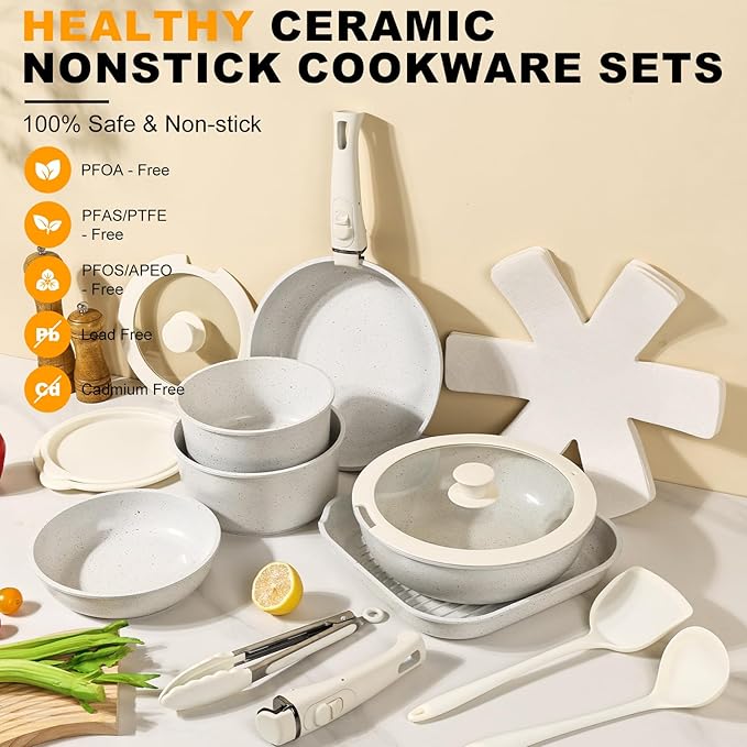 20-Piece Ceramic Nonstick Cookware Set – Induction Compatible, Non-Toxic Pots & Pans with Removable Handles, Dishwasher & Oven Safe Stackable RV/Camping Cookware Cream White - Image 3