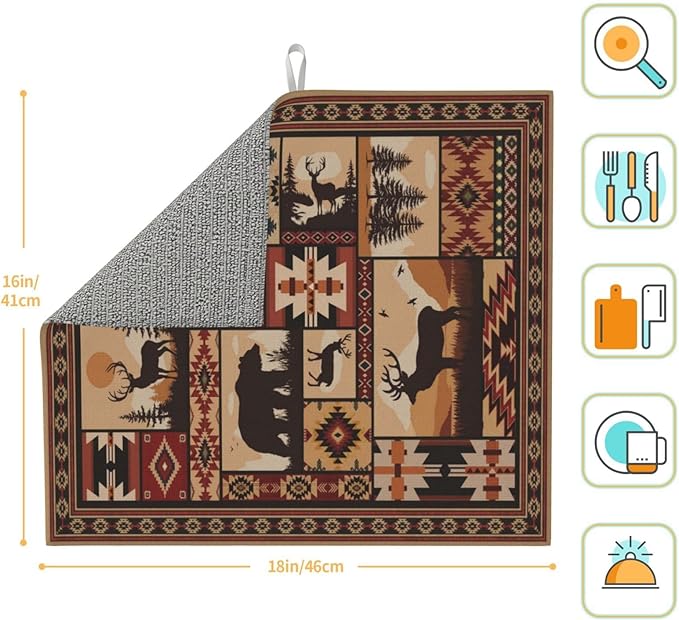 Western Wildlife Geometric Dish Drying Mat for Kitchen Counter, 16" x 18" Absorbent Microfiber Foldable Drying Pad for Dishes, Absorption, Washable, Decorative Rustic Kitchen Mat for Sink, Home Decor