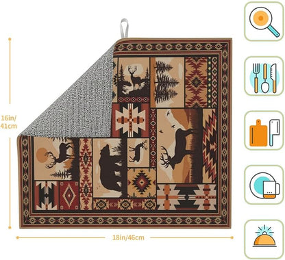 Western Wildlife Geometric Dish Drying Mat for Kitchen Counter, 16" x 18" Absorbent Microfiber Foldable Drying Pad for Dishes, Absorption, Washable, Decorative Rustic Kitchen Mat for Sink, Home Decor